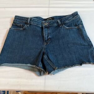 Express size 12 midrise dark blue Jean shorts frayed hem